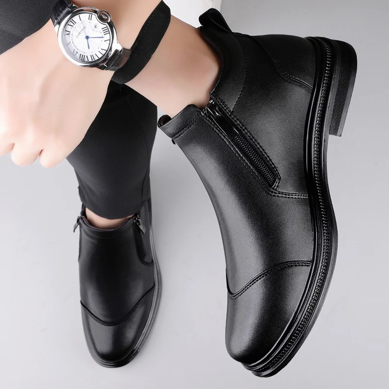 2024 New Fashion Trends Mens Chelsea Boots Genuine Leather Ankle Boots Slip-on Man Business Shoes Cowhide Fur Warm Winter Boots