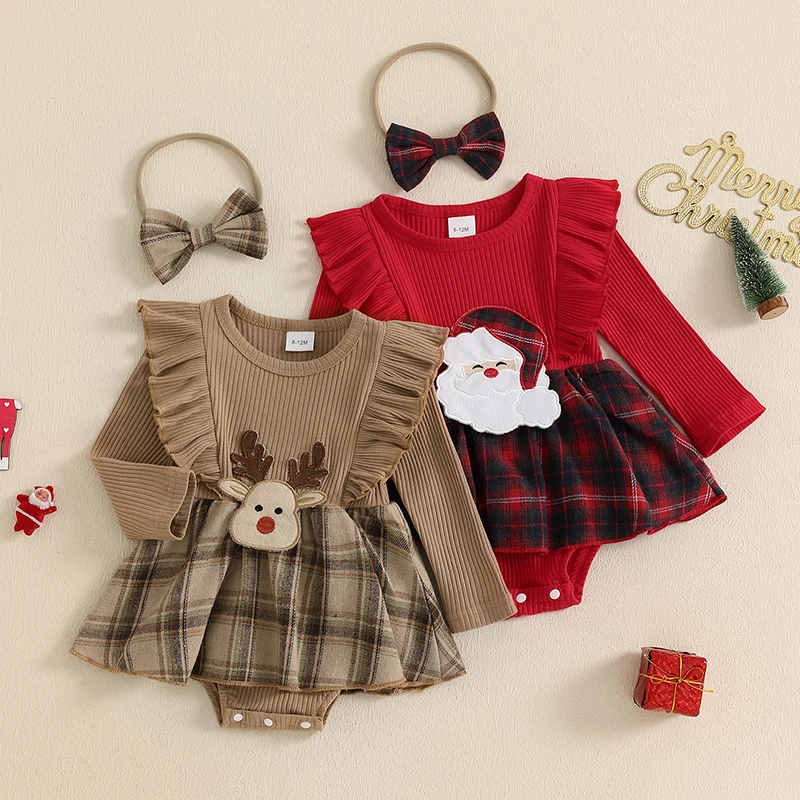 Baby Clothing Girls Christmas Romper Dress O Neck Santa Claus/Elk Embroidery Romper with Headband Sets