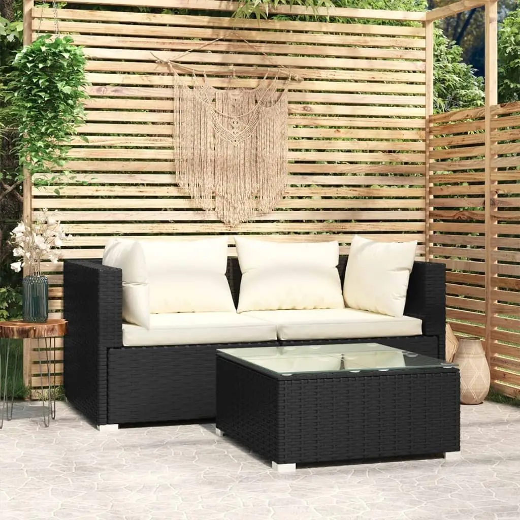 3-Piece Black Poly Rattan Patio Furniture Set with Cushions - Stylish Outdoor Seating