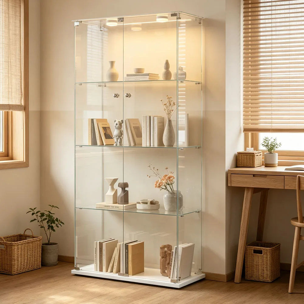 Vitrine en verre Superaly sur pied avec 4 niveaux, 2 portes et serrure, pour objets de collection, salon et bureau
