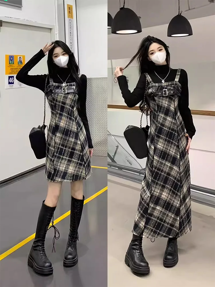 

Женский комплект больших размеров: винтажное клетчатое платье-сарафан с эффектом похудения, черный топ с длинным рукавом и юбка А-силуэта с завышенной талией