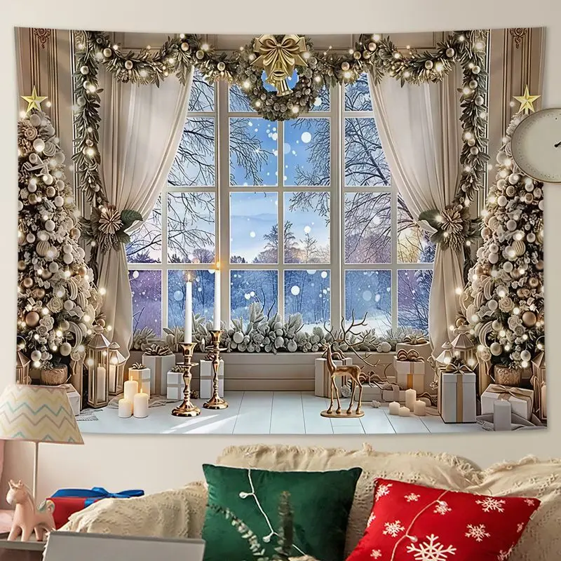 VIKAMA Moonnight Forest Snowman Christmas Tapestry, Magical Wall Art Background Cloth for Enchanted Living Room Decor