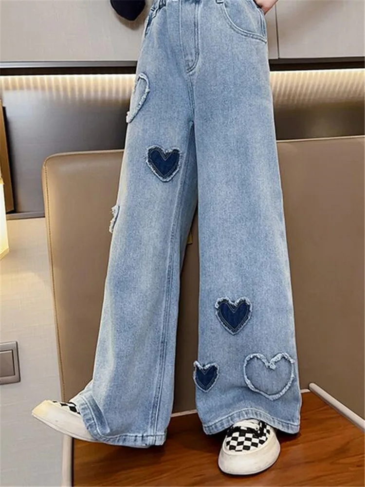 Jeans Girl Heart Pattern Girl Jeans Child Spring Autumn Children Jeans For Boys Casual Style Kids Clothing 6 8 10 12 14