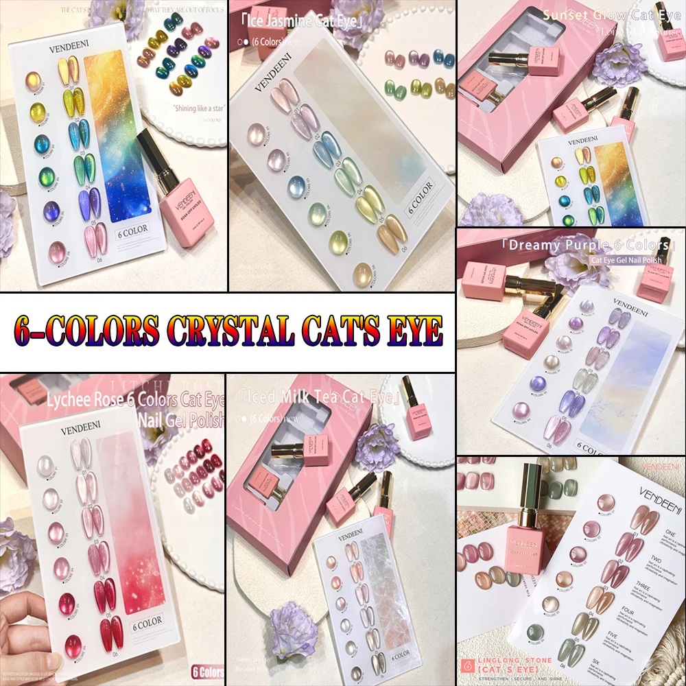 

Vendeeni 6 Colors/set Red Blue Purple Cat Eye Gel Nail Polish UV LED Crystal Magnetic Manicure Nail Varnish With Color Card