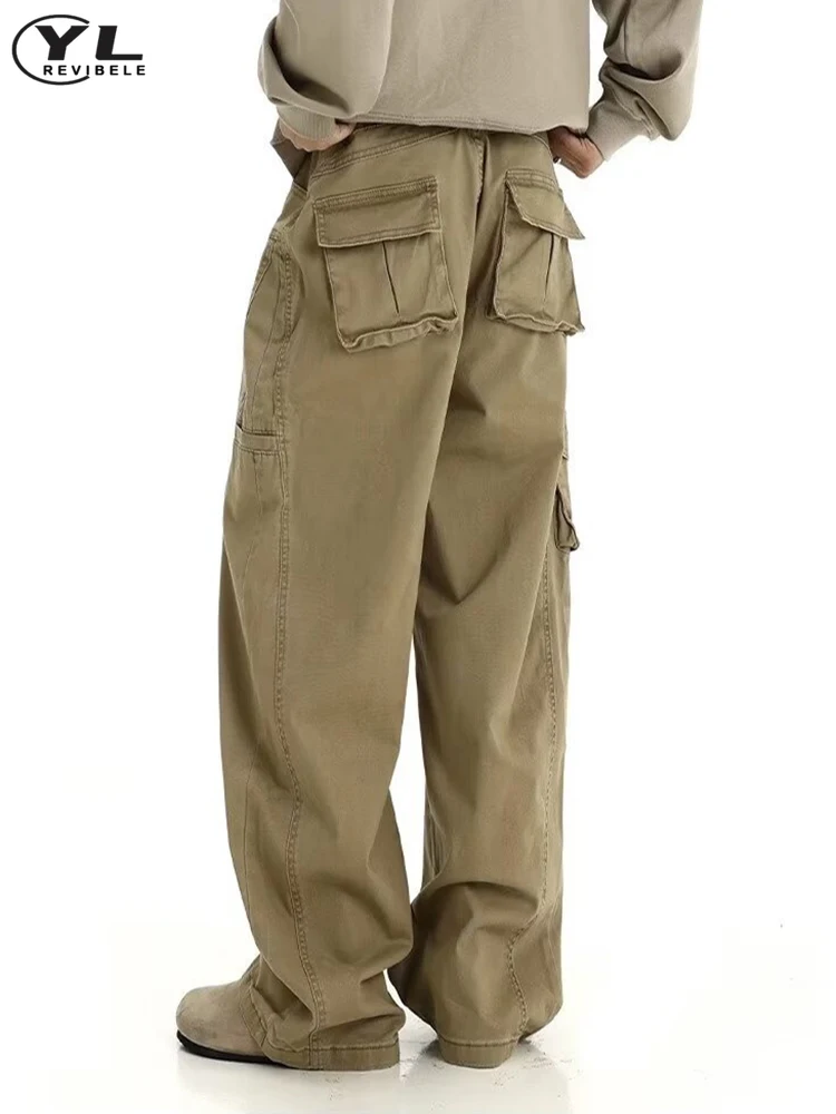 American Vintage Wide Leg Cargo Pant Mens High Waist Solid Color Multiple Pockets Jogging Pants Spring Baggy Straight Trousers