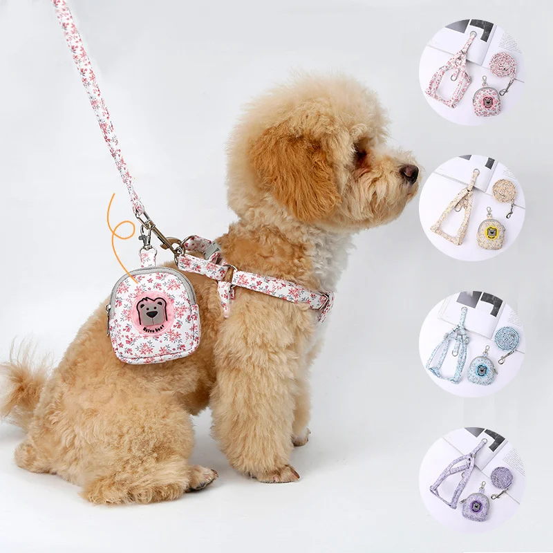 Pet Harness Leash Set Floral Dog Backpack Chest Harness Adjustable Size for Small Medium Dogs Cats Puppy Accessories