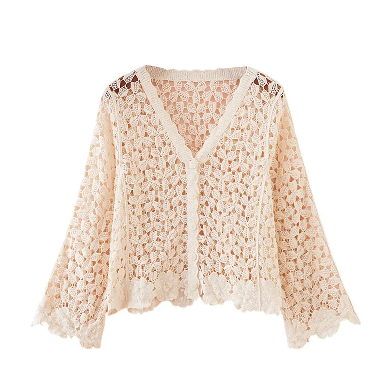 Womens Crochet Top with Long Sleeve Button Front Flower Embroidery White Hollow-out Open-knit Cardigan Summer Beach Wear