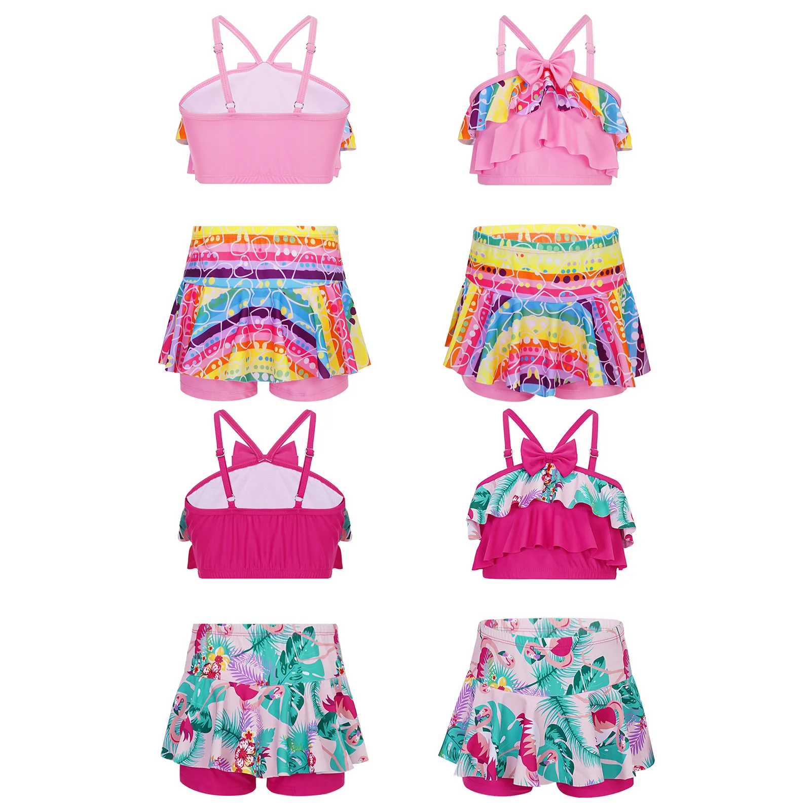 Kids Girls Swimsuit Swimwear Beachwear Outfits Adjustable Straps Ruffle Tankini Shorts with Print Ruffle Skirt Sets Bathing Suit