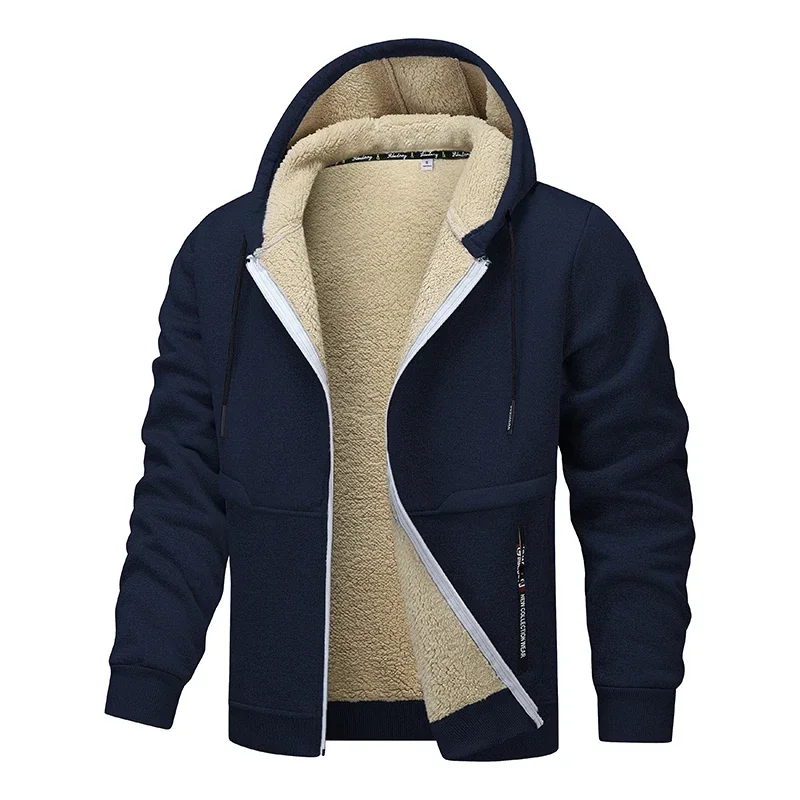 Winter Lambswool Zipper Hoodies Thicken Warm Jacket Men Long Sleeve Sweatshirts Casual Sports Fleece Coats Hooded Man Jackets