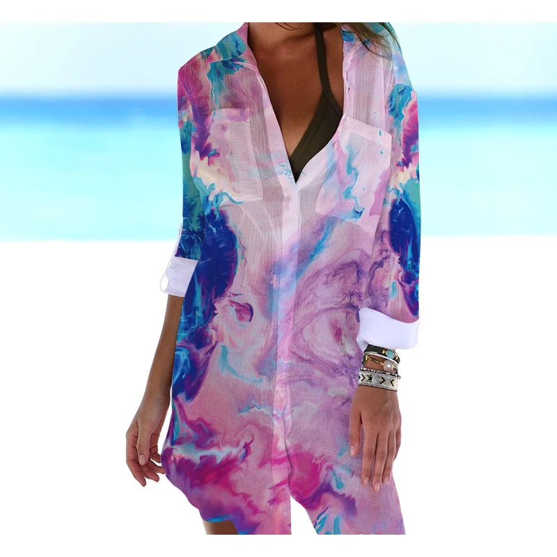 New Hawaiian Blouses Gradient Tie Dye 3D Print Women Long Sleeve Mid-length Shirts Buttons Shirt Beach Blouse Woman Pocket Tops