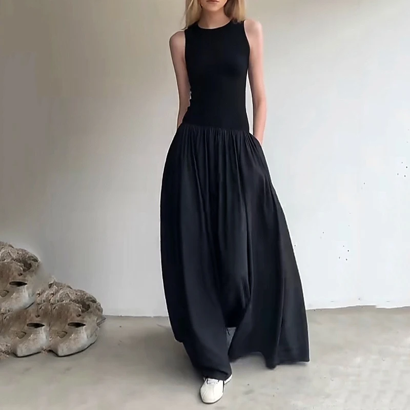أنيق أبيض أسود فستان طويل المرأة الصيف بلا أكمام تي شيرت فستان أنيق فستان فيستدوس