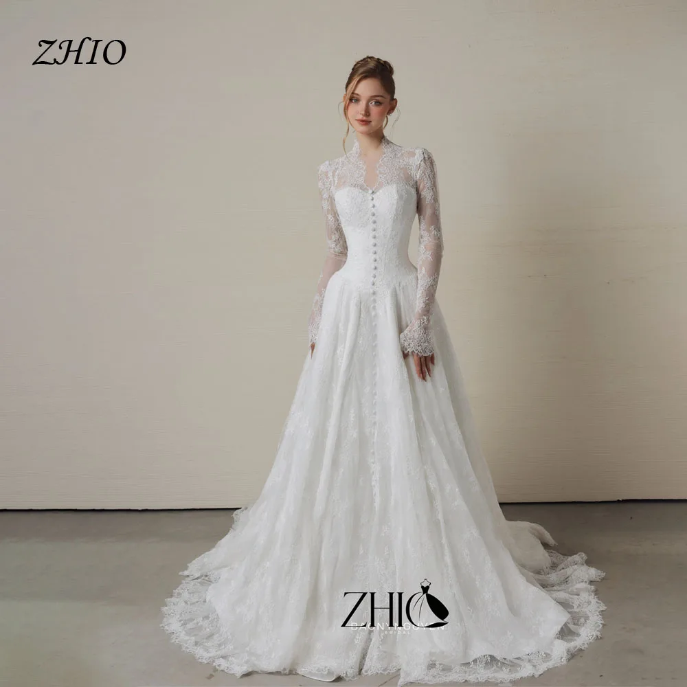 ZHIO Classic Lace Long-Sleeve Wedding Dress High-Neck Button Corset Train Bridal Gowns Prom Evening Party Dresses Wear Custom