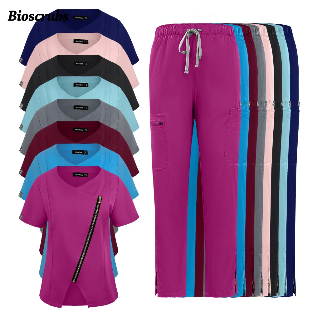 

Hospital Nurse Uniforms Women Elatic Solid Color Scrub Set Dental Medical Supplies Pet Shop Vet Clinic Workwear Medical Clothing