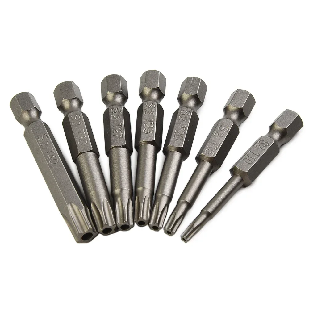 7pcs Torx Screwdriver Bits T10/T15/T20/T25/T27/T30/T40 1/4 Inch Hex Shank Magnetic Drill Bits 50mm Length Five Star With Hole