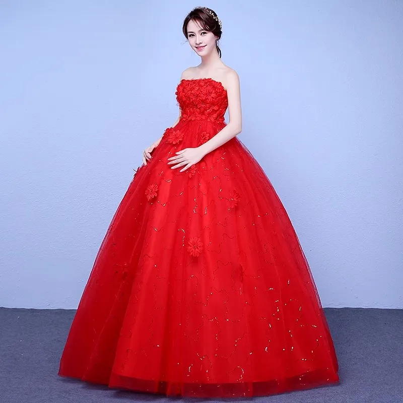 It's Yiiya Cheap Wedding Dresses Red Floral Strapless Pregnant Women Bling Princess Floor-length Plus size Bride Ball Gown XN094