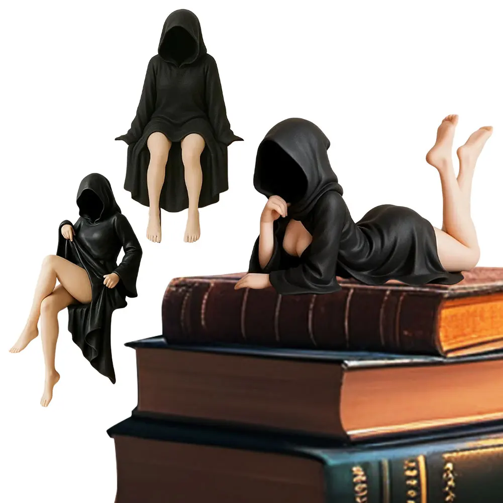 القوطية الغامضة تمثال الموت الأسود رداء الملكة الشكل رف الكتب سطح المكتب الراتنج الحلي يجلس مثير المرأة النحت ديكور المنزل