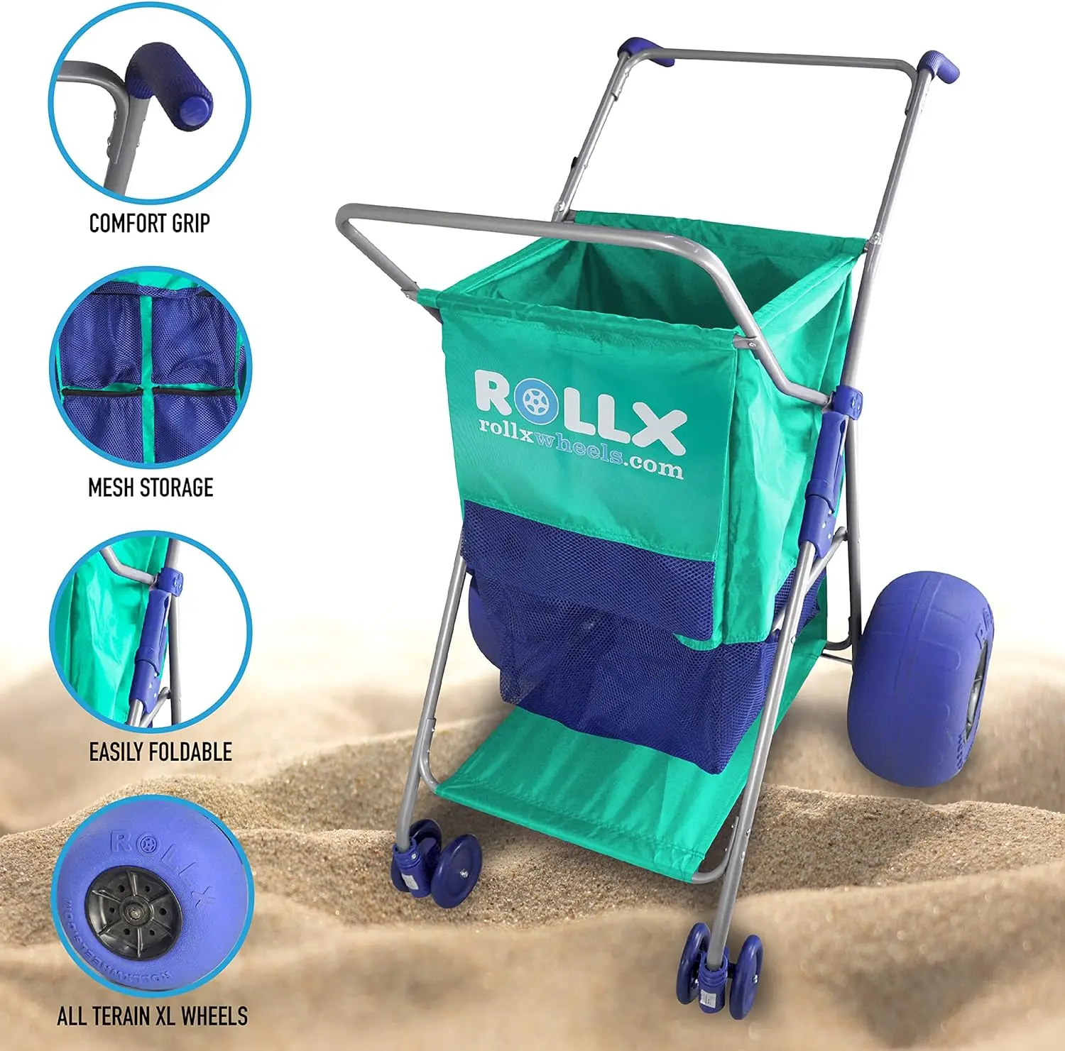 RollX Beach Cart with Big Balloon Wheels for Sand, Foldable Storage Wagon with 13 Inch Beach Tires (Pump Included) (Seafoam)