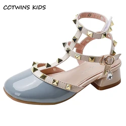 Girls Princess Shoes 2022 Spring Fashion Mary Jane Dress Shoes Baby Shoes Kids Middle Heel Patent Brand Rivet Metal Soft Sole