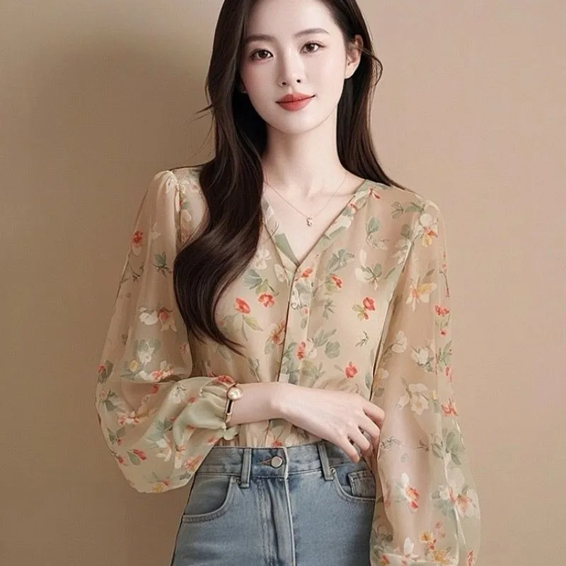 

Vintage Women's Blouses Casual Printed Shirts Fashion Loose Summer Korean Clothing Long Sleeved Chiffon V-neck Women Tops