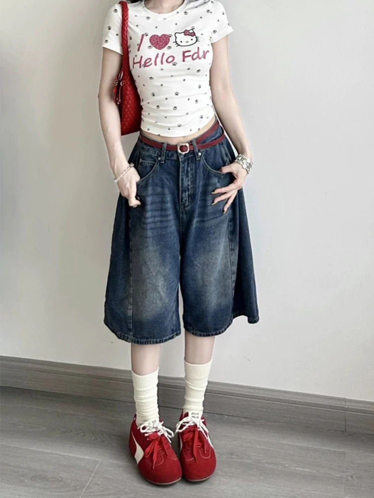 

Синие джинсы с высокой талией и широкими штанинами, женские летние брюки трапециевидной формы больших размеров, прямой крой, длиной пять четвертей