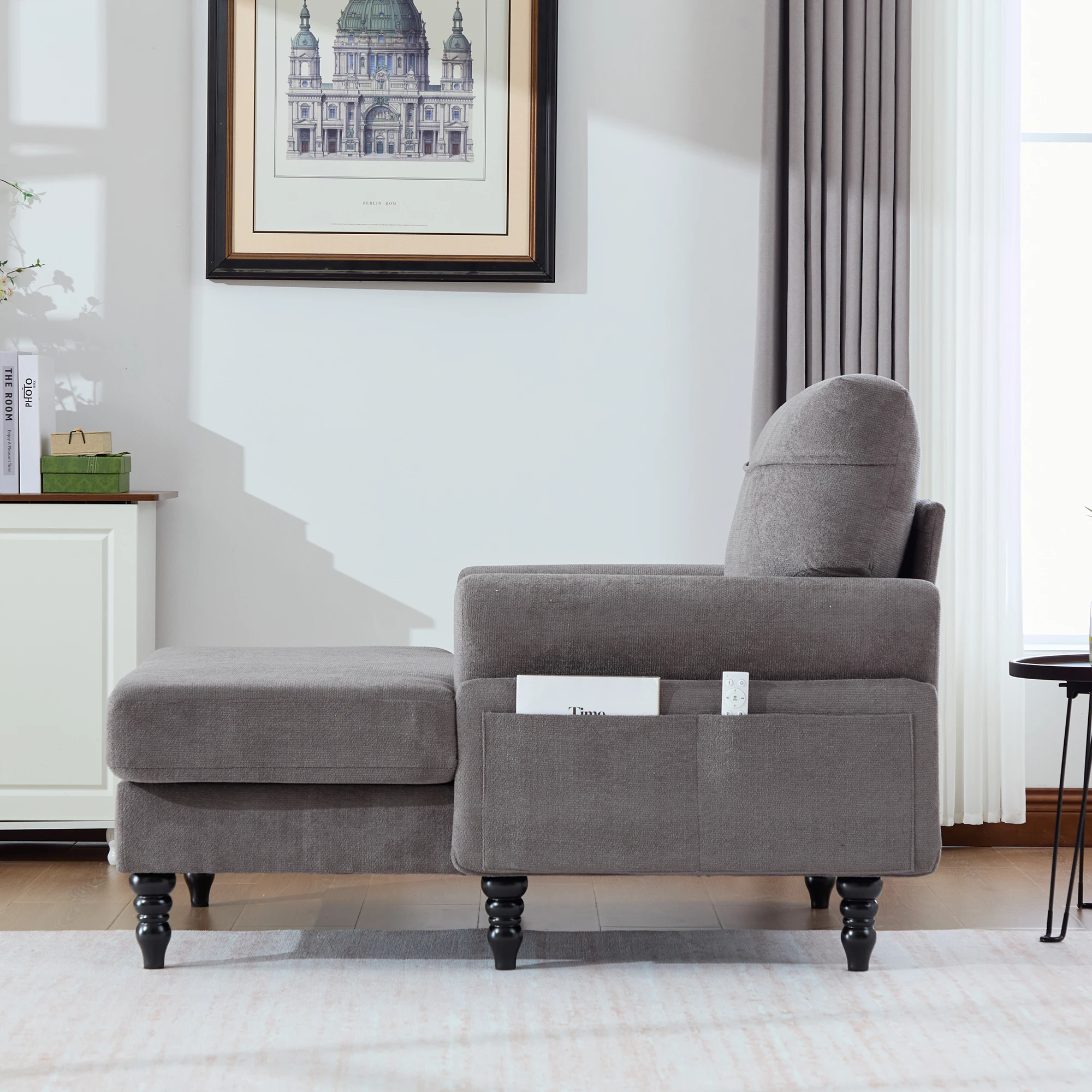 Moderner minimalistischer Samt-Loungesessel, Schlafzimmer-Einzelsofa mit Holzbeinen, bequemer Rückenlehne und Armlehnen – Detail 14