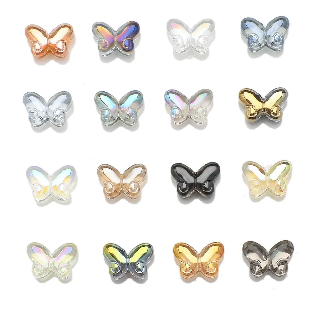 20 Stück 10x14mm Glänzende, dicke Schmetterlings-Glasanhänger mit magischer Farbe und Mittelloch für DIY-Ornamente, Ohrringe, Halsketten und Armbänder
