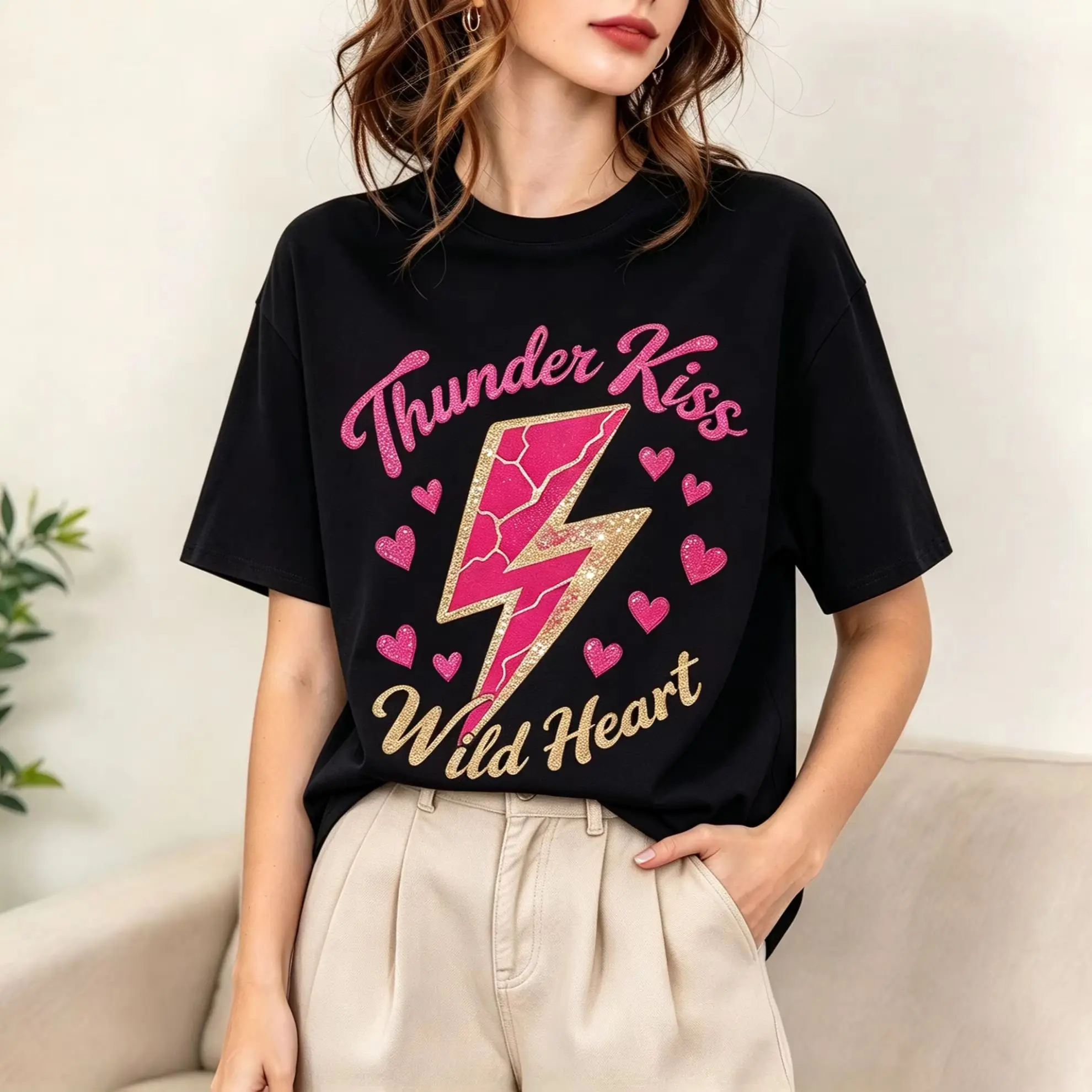 Thunder Kiss Wild Heart Lightning Heart Graphic T Shirt Women Glitter Retro Rock Punk Casual Short Sleeve Ladies Tops
