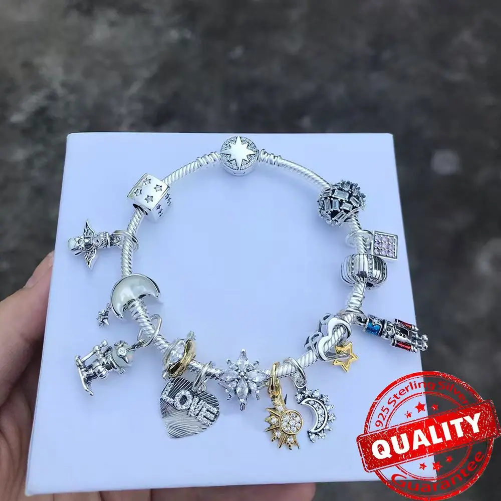 Popular 925 Sterling Silver Lucky Star & HeartDice Sparkling Bow Dangle Charm Fit Original Bracelet DIY Birthday Jewelry Gift