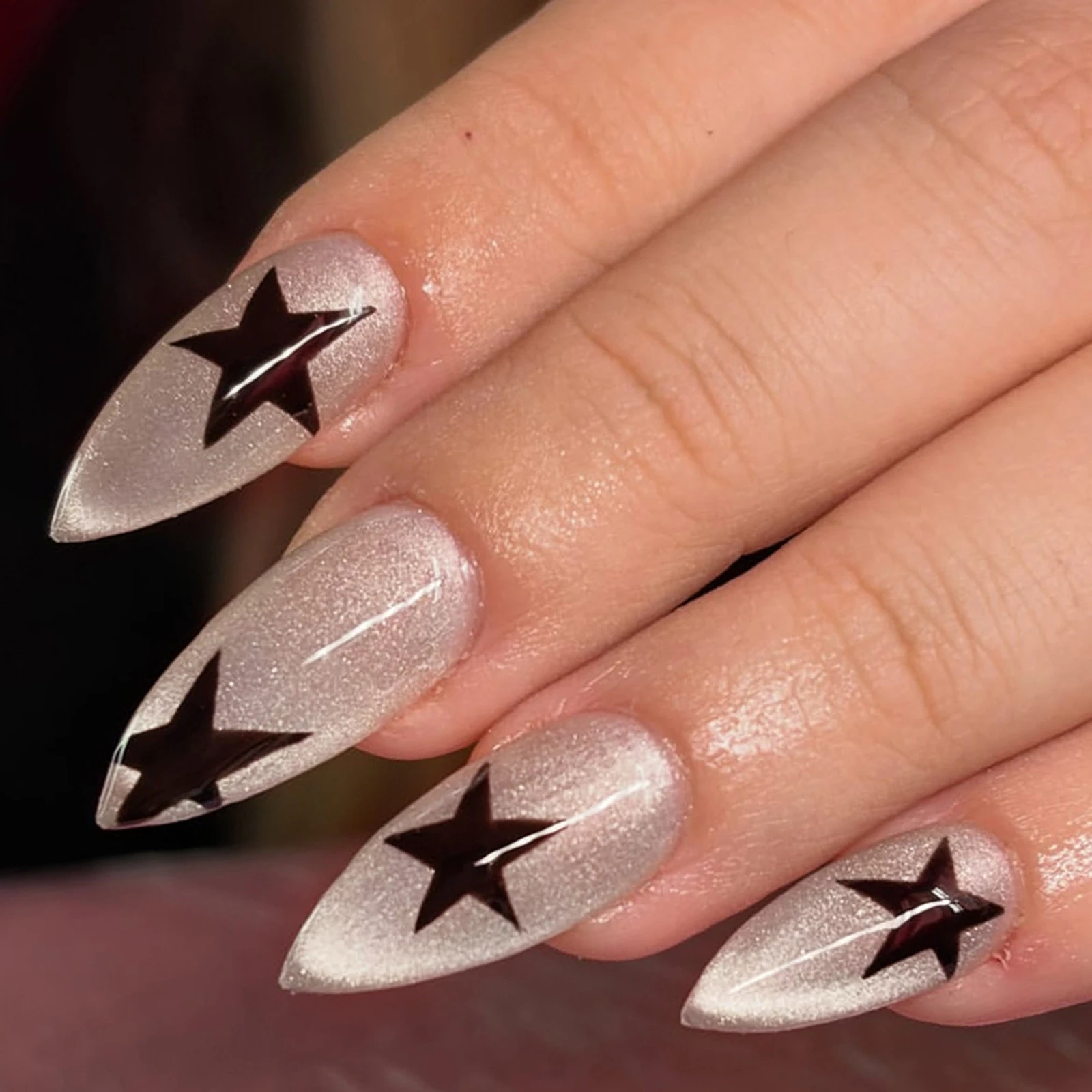 Gentle Color Almond Fake Nals for Y2K Girls 24Pcs Glossy Cat's Eyes Press On Nails Black Five-pointed Star Printed Nails Art