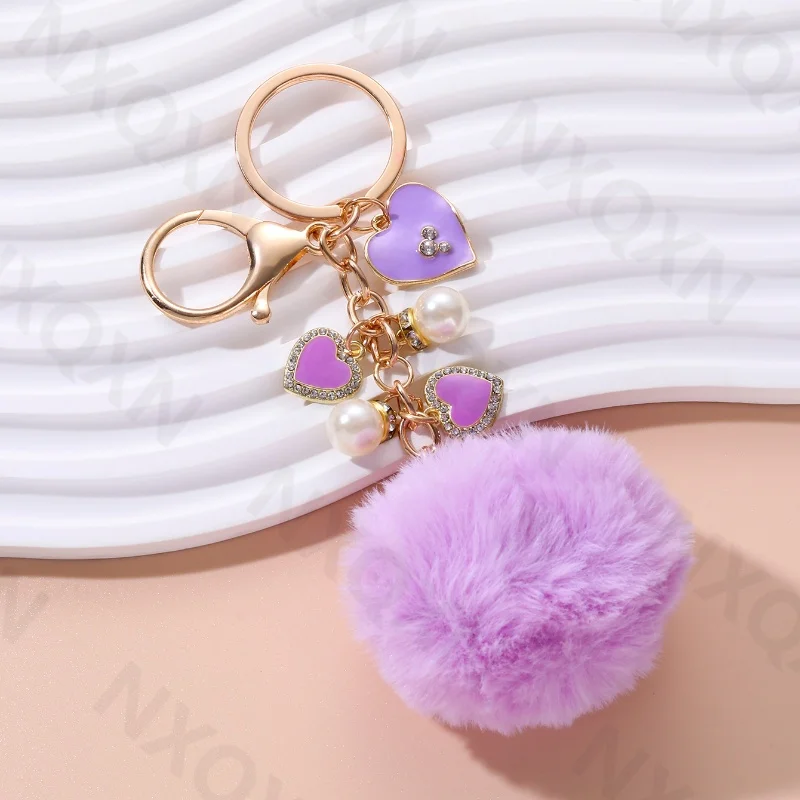 Cartoon Flowers Heart Three Colors Hairball Enamel Keychain Plant Love Key Ring For Women Girl Friendship Gift Bag Decoration