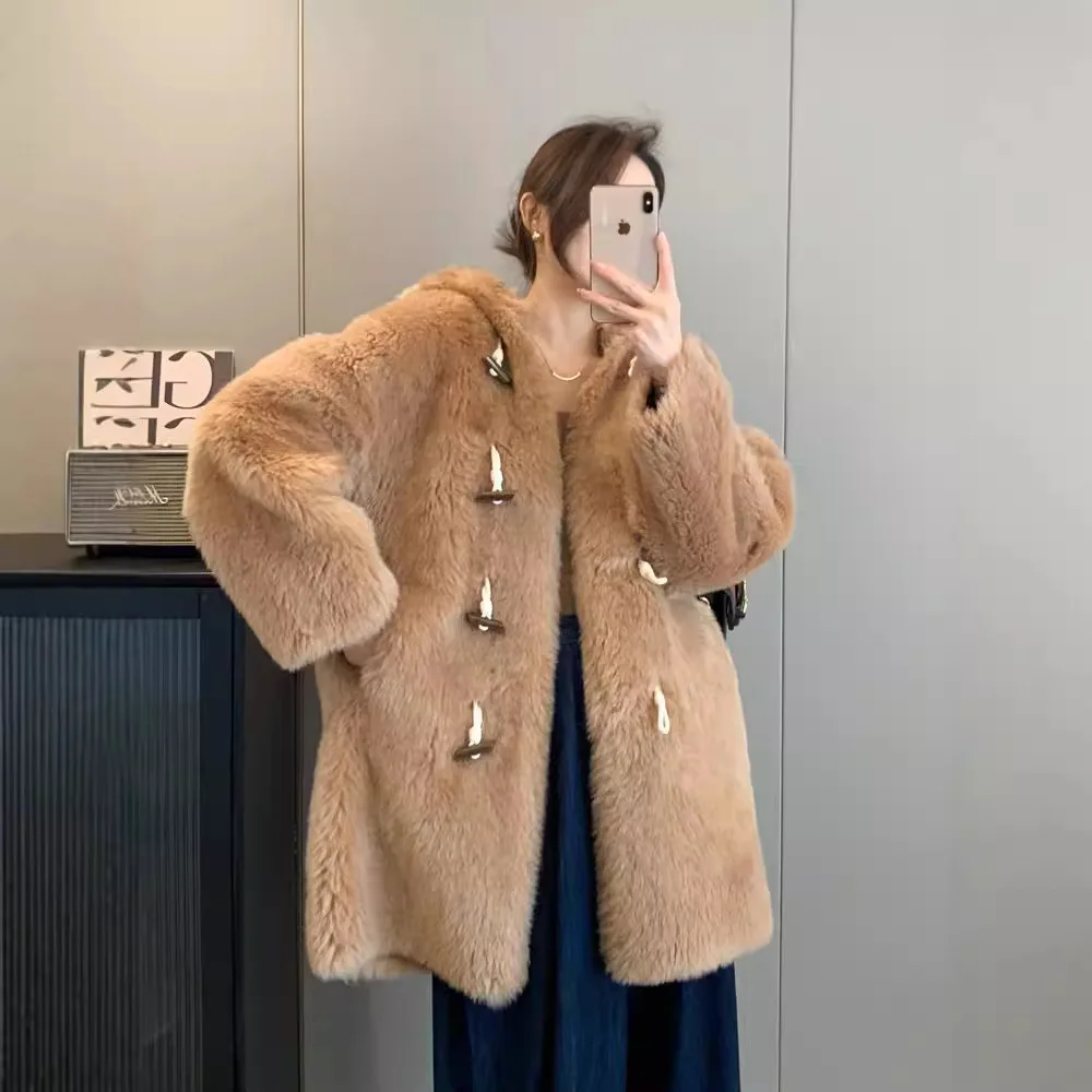 2024 Autumn and winter new Toka horn buckle medium long hooded sheep shearing fur coat fur integrated lamb fur grass coat