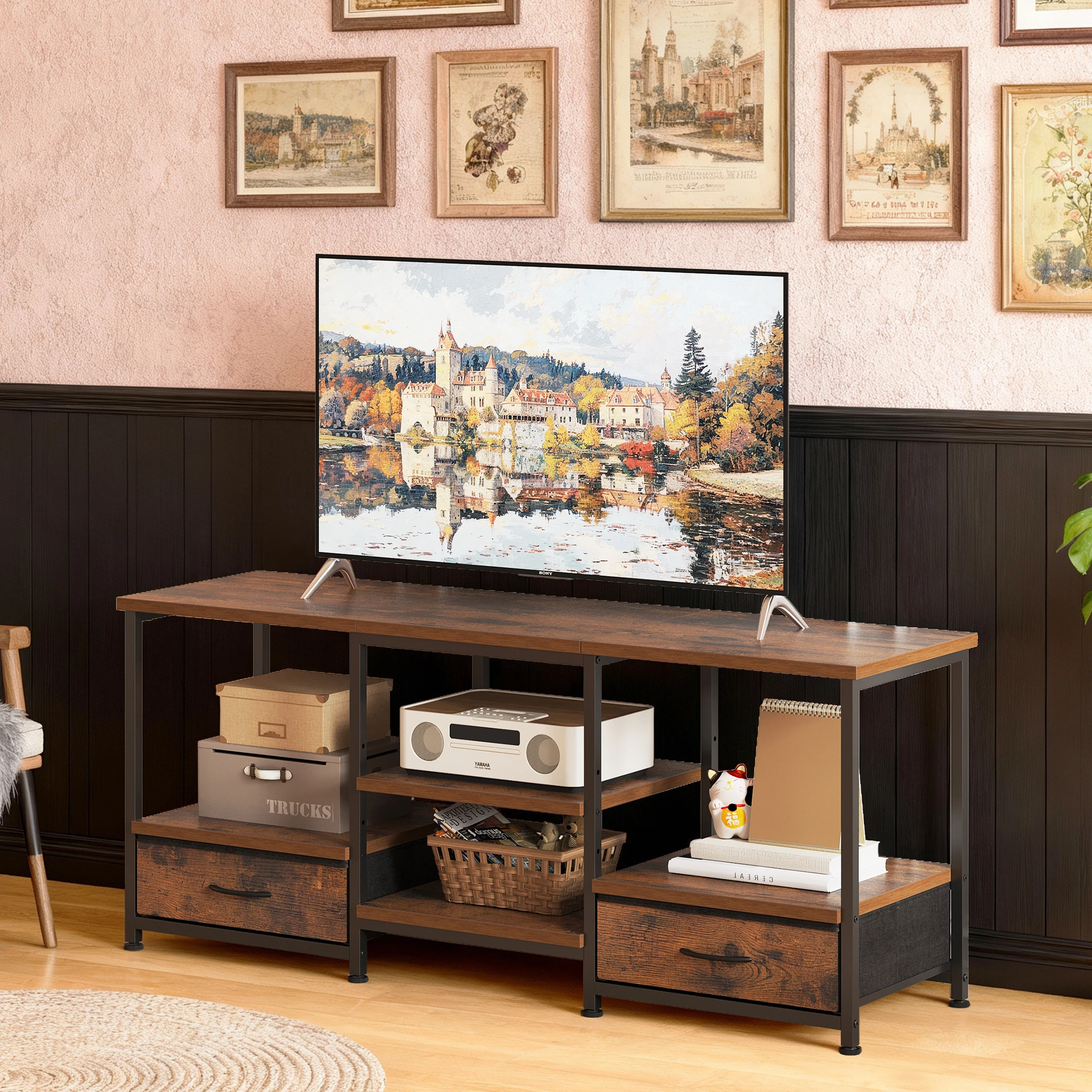 MCQ Living Room 47 Inch Wooden TV Stand with Fabric Drawers For 65 Up To 75 Inch TV Stand With Open Shelves Entertainment Center For Home Media Console