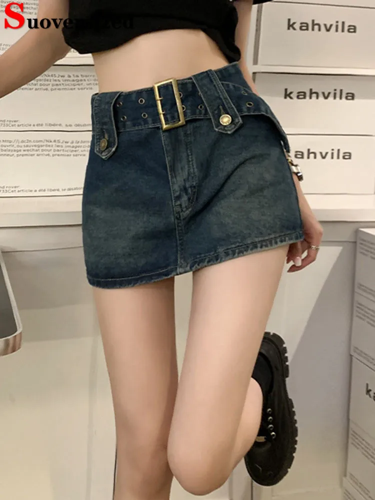 

Sexy Skinny Lined Mini Denim Skirt With Belt Women Streetwear Casual Half-body A-line Skirts Summer High Waist Short Jean Saia