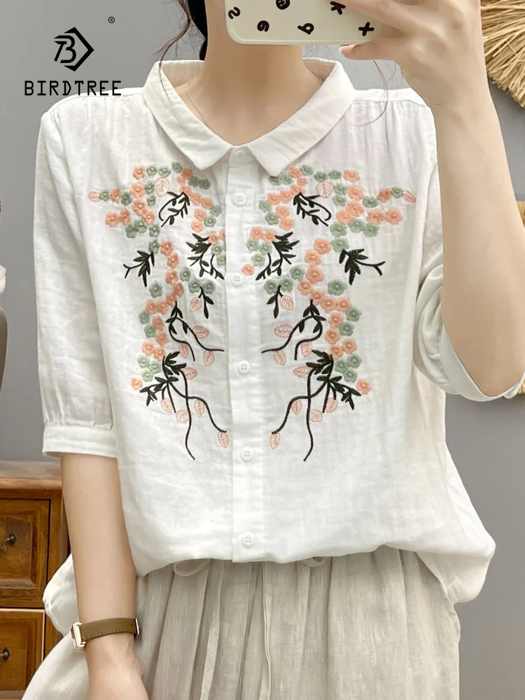 New Summer Cotton Yarn Half Sleeve Shirts Lapel Embroidery Tops Commute Girl Casual Sweet Loose OL Blouse 2024 Autumn T465100QC