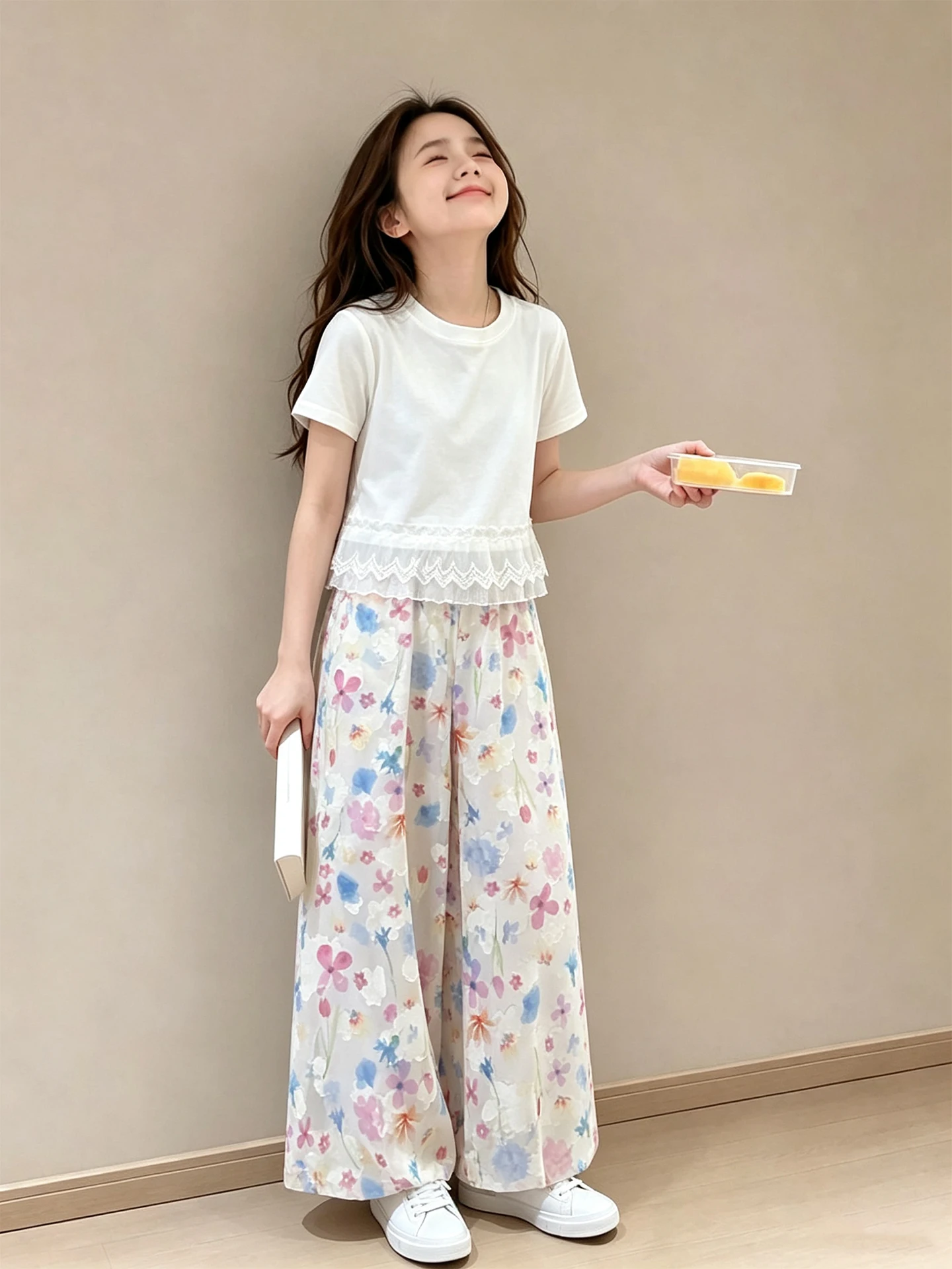 女の子夏カジュアルワイドレッグパンツルーズ花柄長ズボン子供のファッション弾性ウエスト子供服柔らかい生地