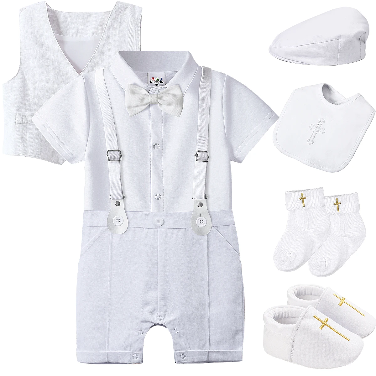 Baby Boys Baptism Outfit Infant Wedding Gentleman Set Christening Formal Birthday Party Suit Suspender Bow Tie Romper 3PCS