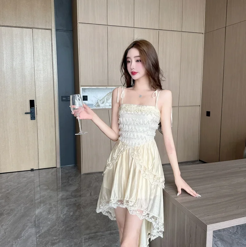 

MiiiiX French Elegant Style Strap Dress Women's 2024 Summer Irregular Lace Design Waist Mid-length Ruffles Dress Female Clothes