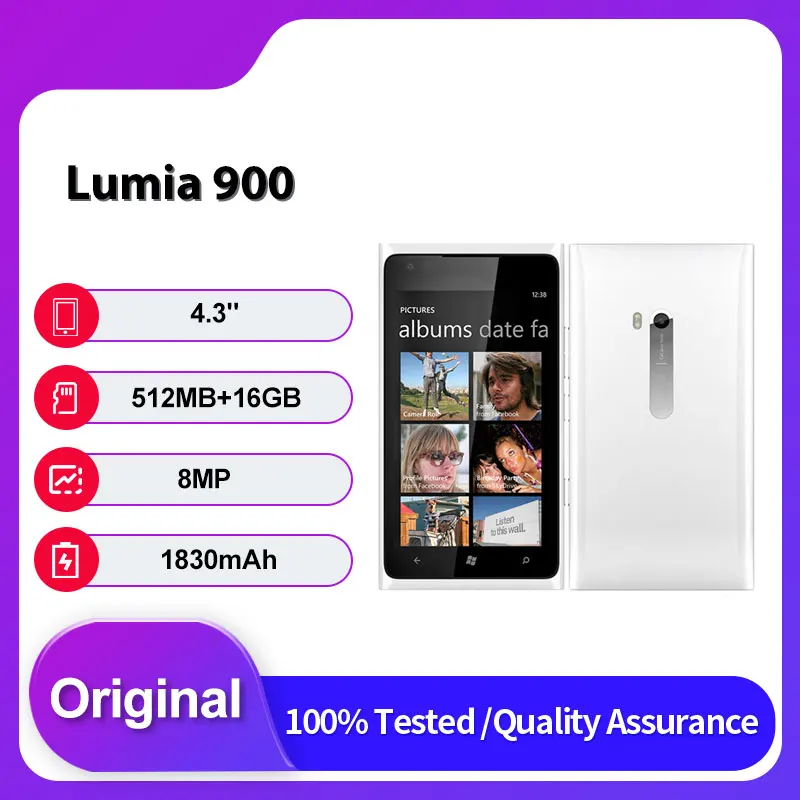 هاتف Lumia 900 الأصلي غير مقفول بشريحتين GSM 900/1800 مزود بتقنية البلوتوث 4.3 بوصة 16 جيجابايت 512 جيجابايت رام صنع في فنلندا