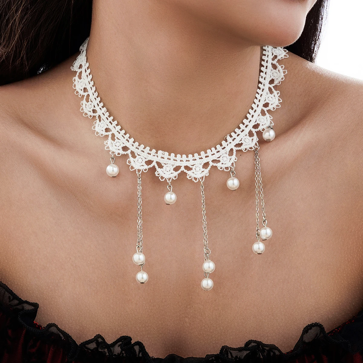 

IngeSight.Z Goth Elegant White Lace Choker Women Necklace Trending Imitation Pearl Tassel Chain Charm Necklace Y2K Neck Jewelry