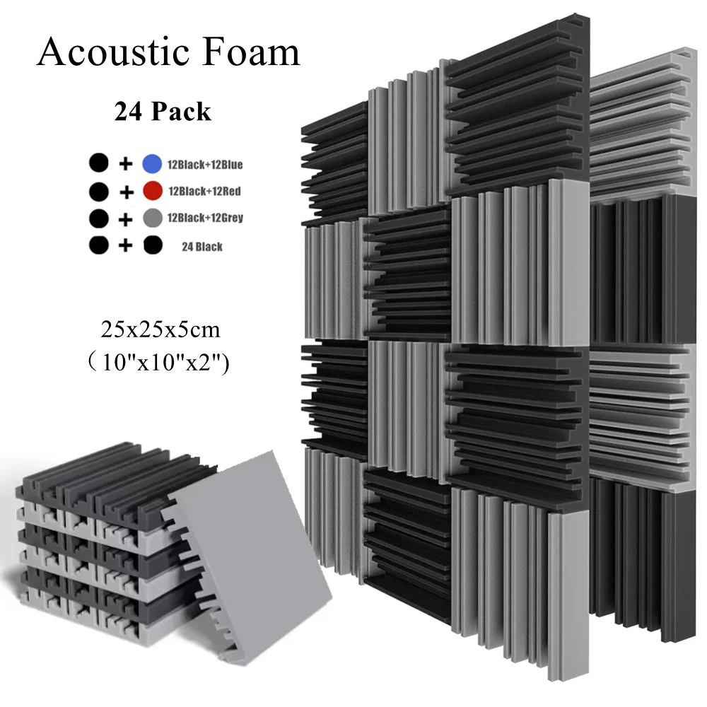 24Pack 25x25x5cm Studio Acoustic Foam Sound Absorbing Noise Insulation Eliminate Echoes Sound Proofing Treatment Panels