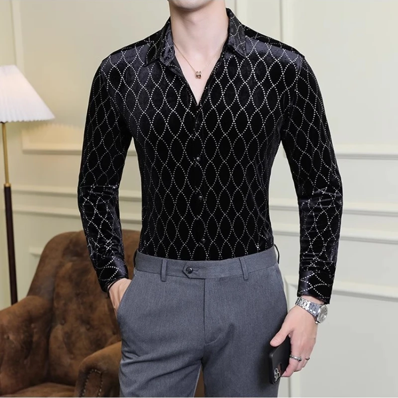 2023 Autumn Luxury Velvet Plaid Shirts Men Long Sleeved Casual Business Dress Shirts Fashion Slim Social Streetwear Men Clothing