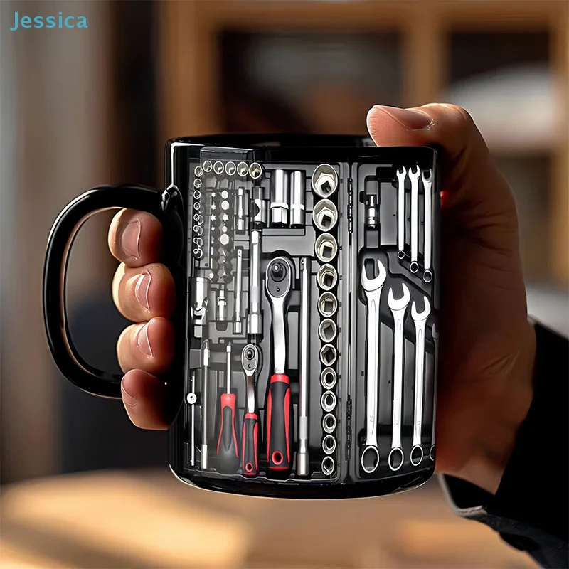 ♥Tool Set Printed Black Coffee Mug | Mechanic-Themed Ceramic Mug for Workshop & Gift (2 Designs)