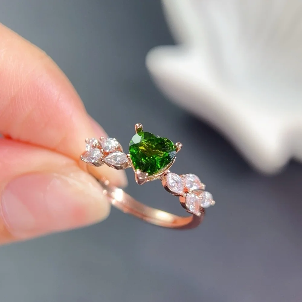 S925 6mm Sterling Silver Natural Diopside Gemstone Ring for Women Fashion Healing Jewelry Stylish Accessory Sweet Gift
