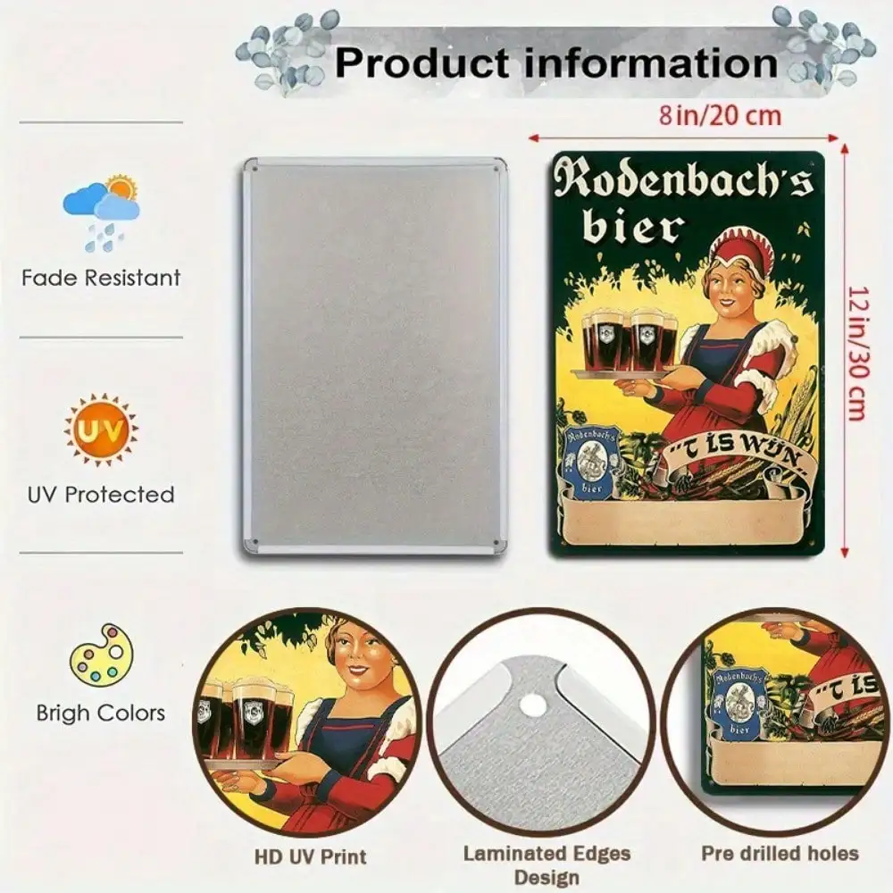 1PC Vintage Rodenbach's Bier Tin Sign - Retro Wall Art for Home Bar & Farmhouse 8x12In/20x30Cm