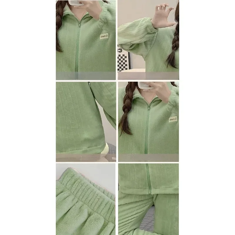 2024 New Autumn Winter Zipper Simple Sleepwear Women Long Sleeve Pants Coral Plush Loungewear Thickened Pockets Flannel Homewear