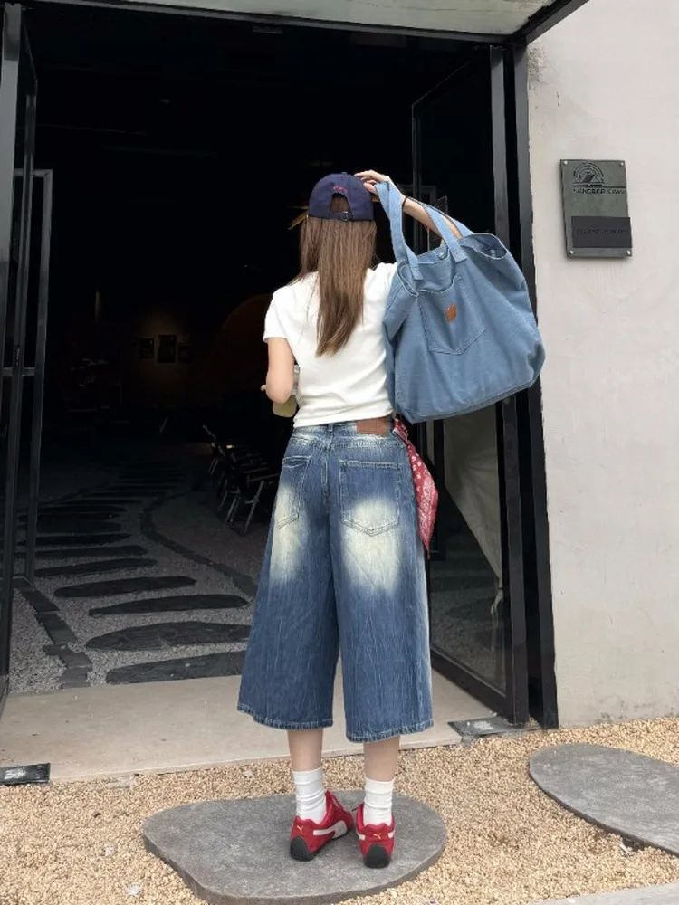 Retro American Washed Distressed Loose Seven-Foot Pants Unisex Summer High Street CleanFit Casual Trousers Trendy Jeans