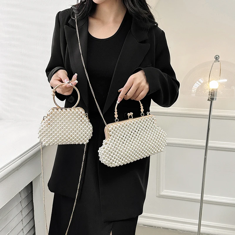 Round Ring Handle Pearl Evening Clutch Bag Luxury Bead Dinner Party Wedding Purse  Handbag Designer Shoulder Bag Hobo Hand Bag