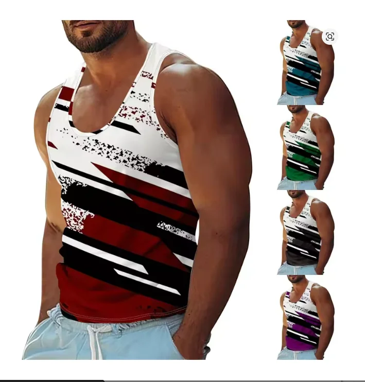 Summer Gym Sport Breathable Tee Top Graffiti Stripe Print Tank Top For Men's Clothes Classic Fashion