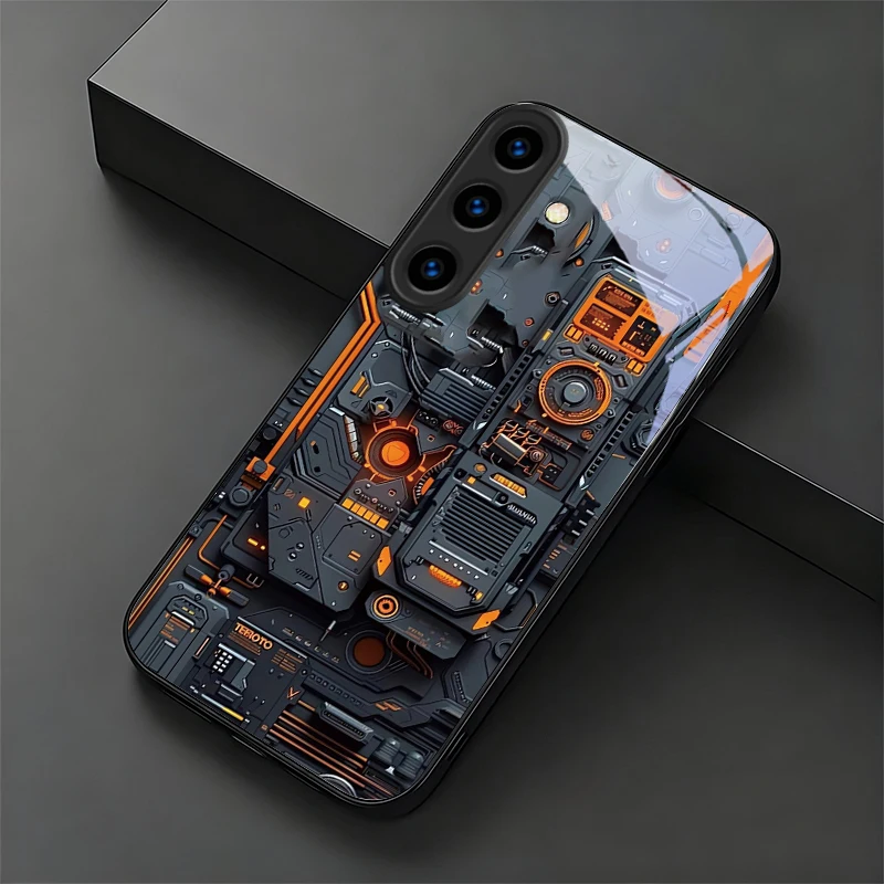 Mech Circuit Core Black Phone Case For Samsung Galaxy S26 Ultra S25 Edge S24 FE S23 Plus S22 S21 S20 S22 S25+ Glass Black Cover