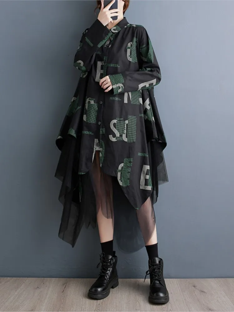 Oversized Autumn Midi Irregular Shirt Dress Women Mesh Patchwork Fashion Print Ladies Dresses Loose Long Sleeve Woman Dress 2023